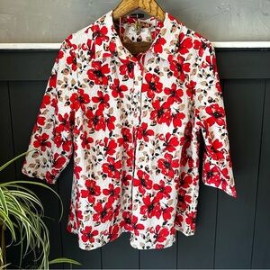 Breckenridge Floral Red Black Tan‎ Cream Print Button-up Shirt Women Blouse 2X